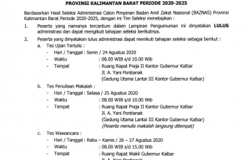 Pengumuman Hasil Seleksi Administrasi  Calon Pimpinan BadanAmil Zakat Nasional (BAZNAS) Provinsi Kalimantan Barat Periode 2020 - 2025